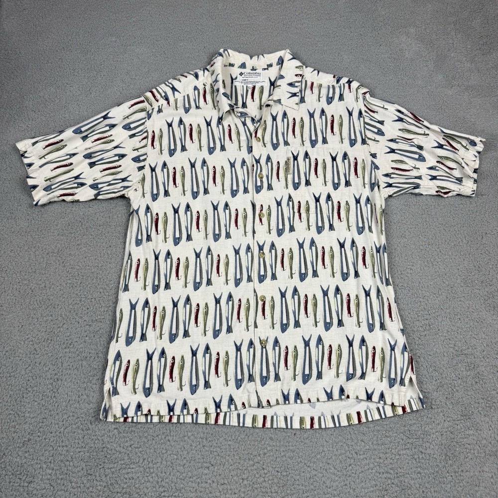 Vintage Columbia Shirt Size XL Fits Large Fishing Lures Linen Rayon Camp Y2K
